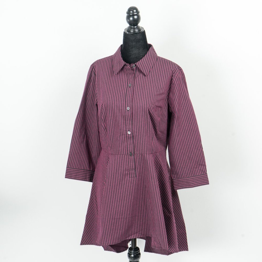 NWT Wine & Black Stripe Bal-Collar Button-Front Hi-Low Tunic - sz 8